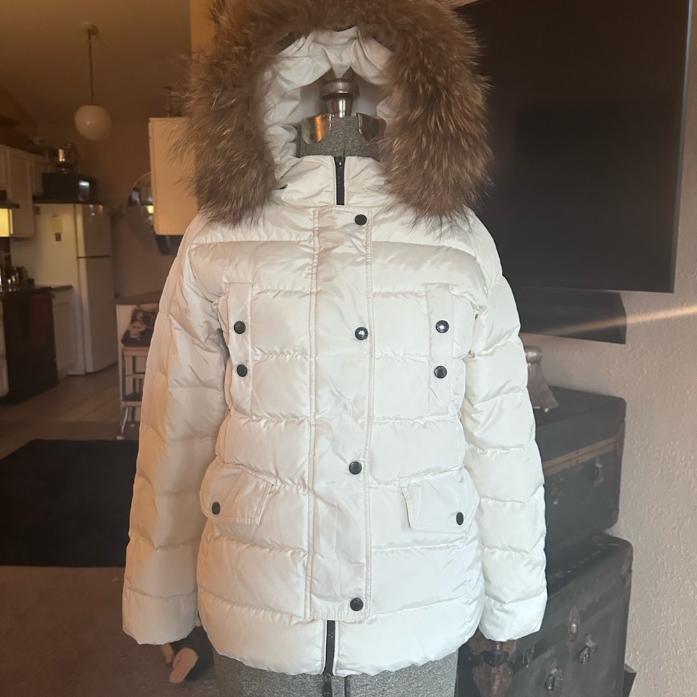 Moncler White Puffer Jacket with Fur Trim